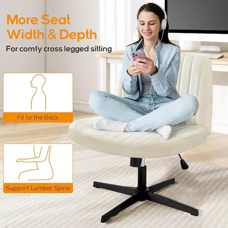 Sedia da ufficio per casa, con gambe incrociate, seduta ampia e confortevole, con ruote, senza braccioli, girevole, per scrivania o toeletta.