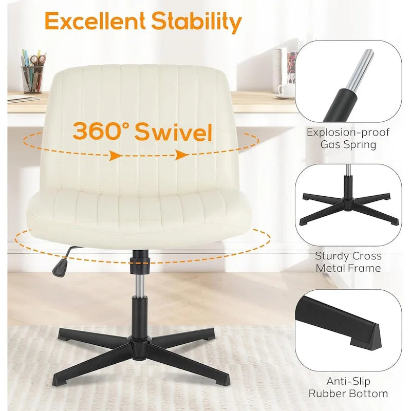 Sedia da ufficio per casa, con gambe incrociate, seduta ampia e confortevole, con ruote, senza braccioli, girevole, per scrivania o toeletta.