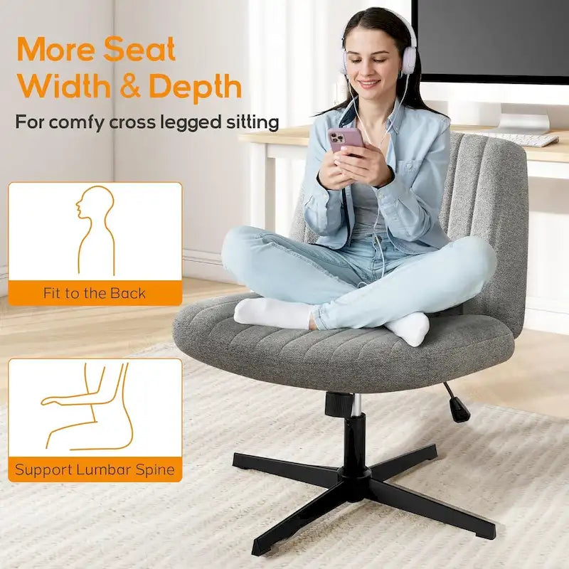 Sedia da ufficio per casa, con gambe incrociate, seduta ampia e confortevole, con ruote, senza braccioli, girevole, per scrivania o toeletta.