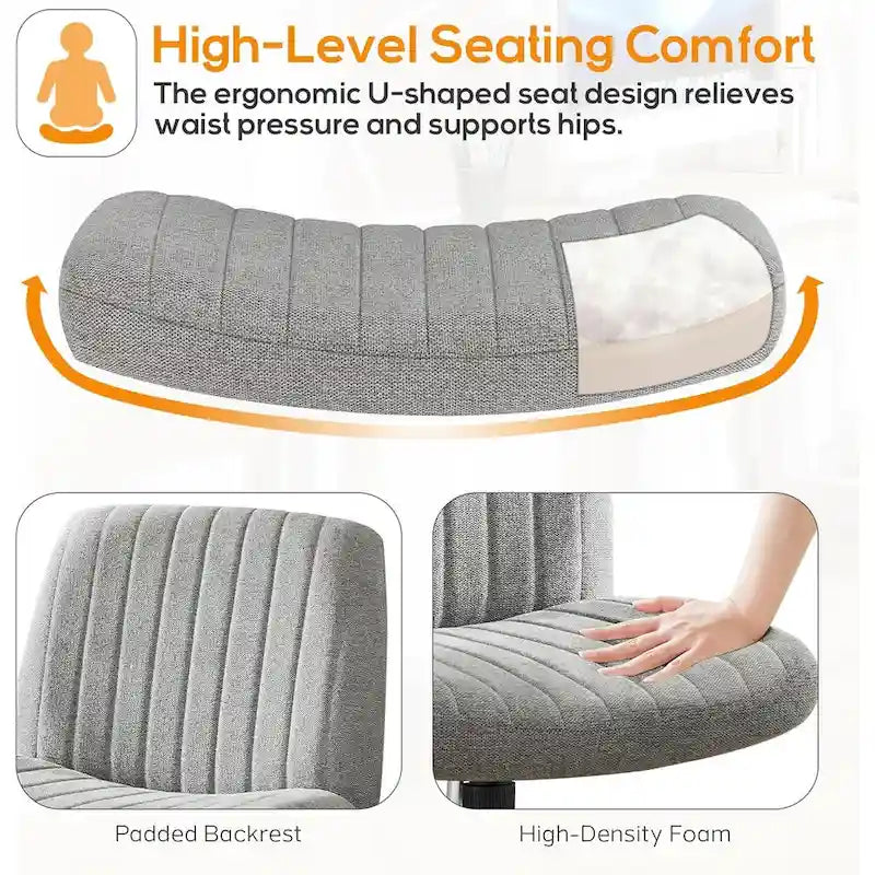 Sedia da ufficio per casa, con gambe incrociate, seduta ampia e confortevole, con ruote, senza braccioli, girevole, per scrivania o toeletta.