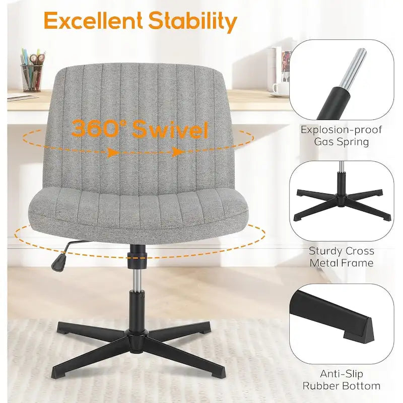 Sedia da ufficio per casa, con gambe incrociate, seduta ampia e confortevole, con ruote, senza braccioli, girevole, per scrivania o toeletta.