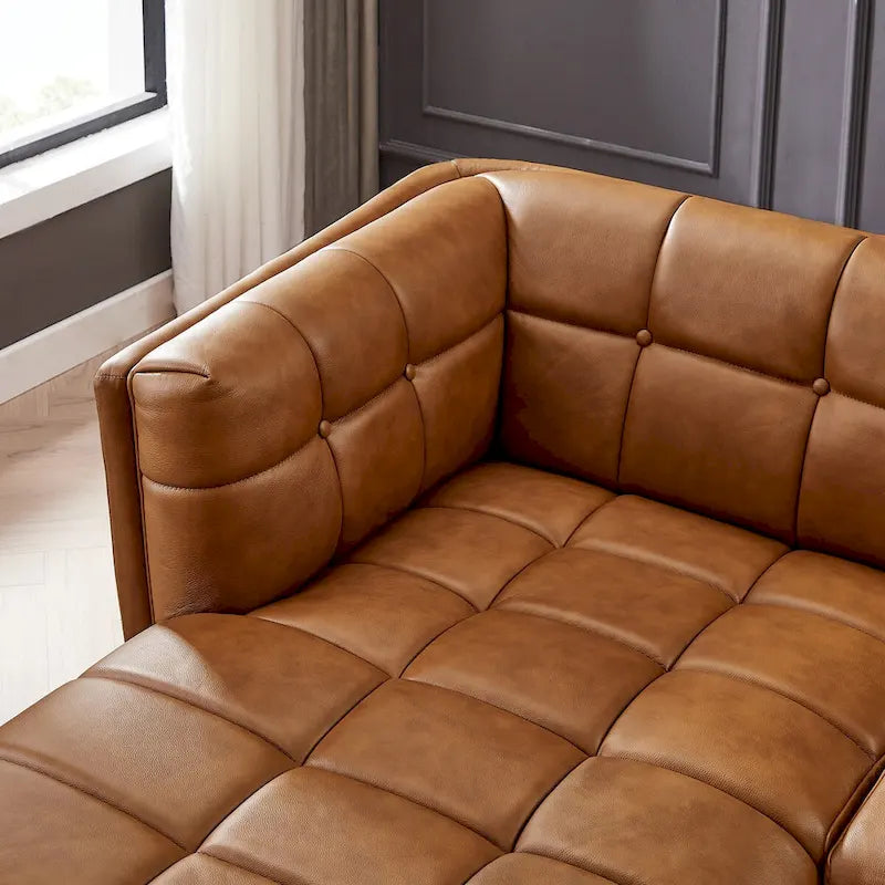 Kameron Luxury Modern Chesterfield Genuine Leather Sectional Couch in Cognac Tan