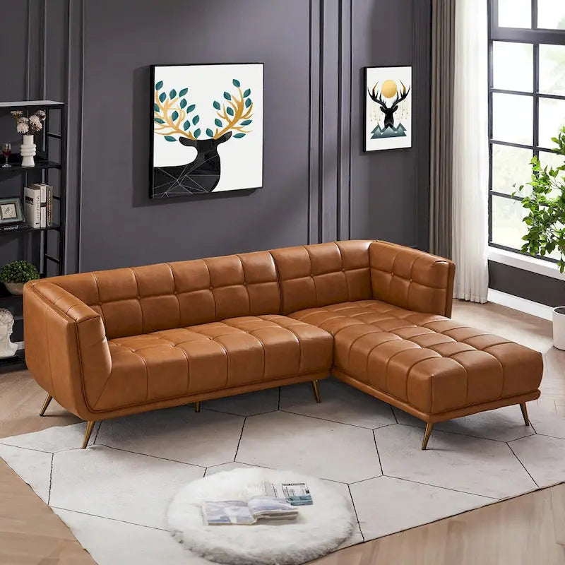 Kameron Luxury Modern Chesterfield Genuine Leather Sectional Couch in Cognac Tan