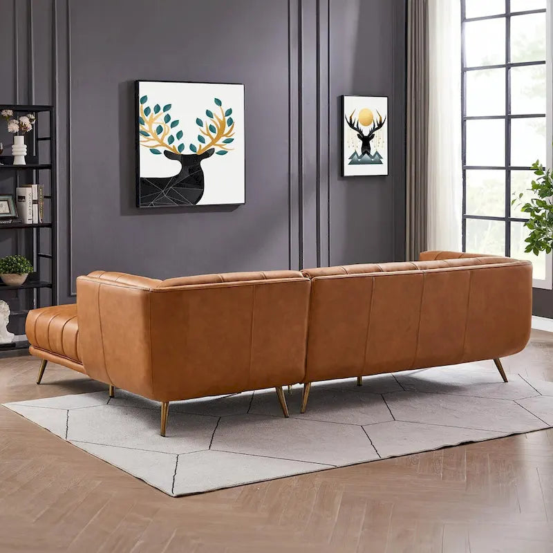 Kameron Luxury Modern Chesterfield Genuine Leather Sectional Couch in Cognac Tan