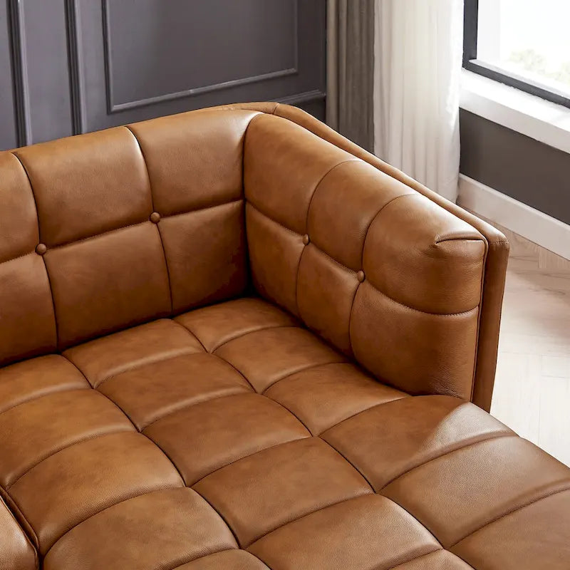 Kameron Luxury Modern Chesterfield Genuine Leather Sectional Couch in Cognac Tan