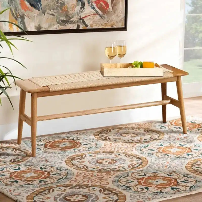 Panca in legno massello di rovere stile Boho Grondin per interni, con seduta in corda intrecciata e giunto a tenone e mortasa, per ingresso, camera da letto, sala da pranzo