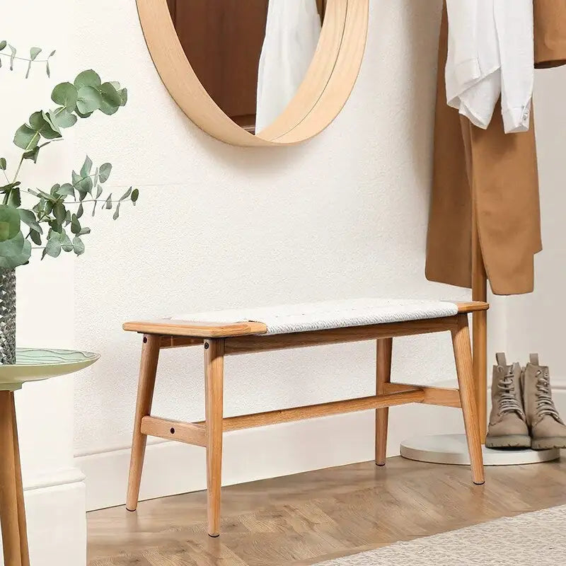 Panca in legno massello di rovere stile Boho Grondin per interni, con seduta in corda intrecciata e giunto a tenone e mortasa, per ingresso, camera da letto, sala da pranzo