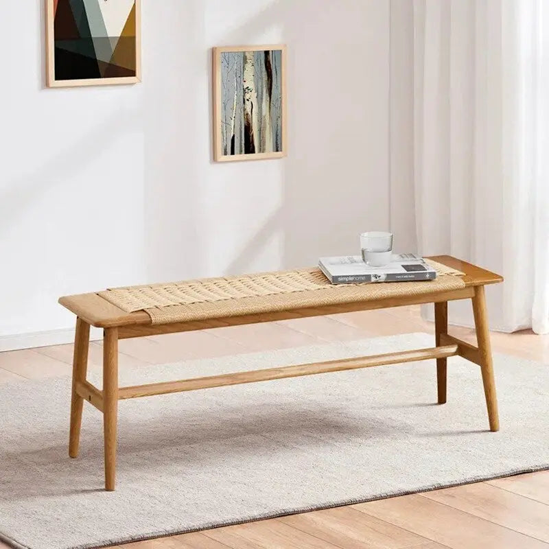 Panca in legno massello di rovere stile Boho Grondin per interni, con seduta in corda intrecciata e giunto a tenone e mortasa, per ingresso, camera da letto, sala da pranzo