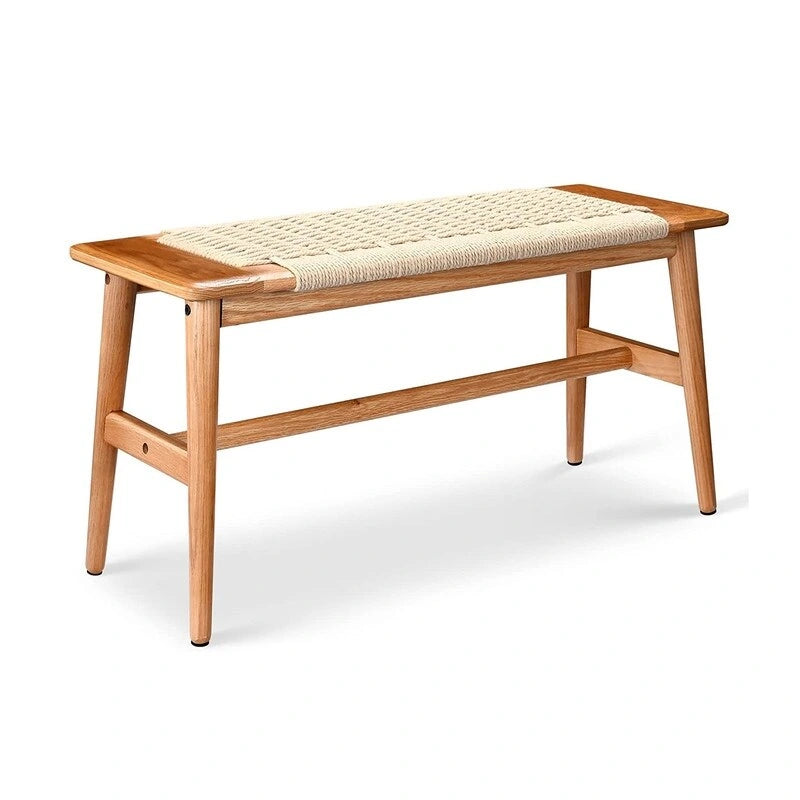 Panca in legno massello di rovere stile Boho Grondin per interni, con seduta in corda intrecciata e giunto a tenone e mortasa, per ingresso, camera da letto, sala da pranzo