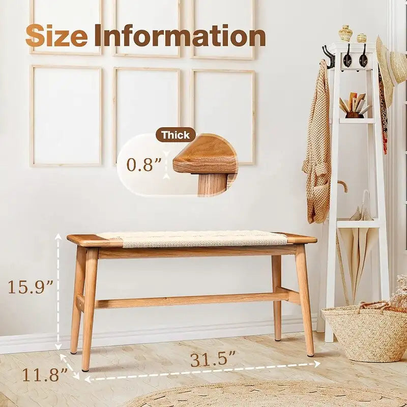 Panca in legno massello di rovere stile Boho Grondin per interni, con seduta in corda intrecciata e giunto a tenone e mortasa, per ingresso, camera da letto, sala da pranzo