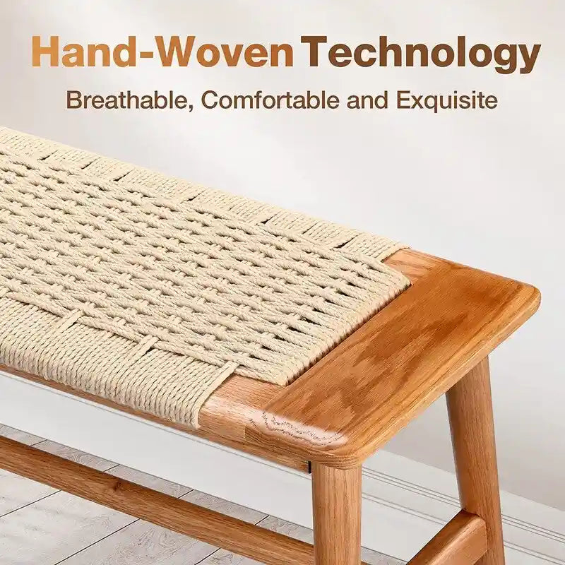Panca in legno massello di rovere stile Boho Grondin per interni, con seduta in corda intrecciata e giunto a tenone e mortasa, per ingresso, camera da letto, sala da pranzo