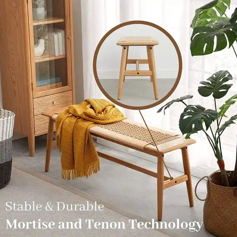 Panca in legno massello di rovere stile Boho Grondin per interni, con seduta in corda intrecciata e giunto a tenone e mortasa, per ingresso, camera da letto, sala da pranzo