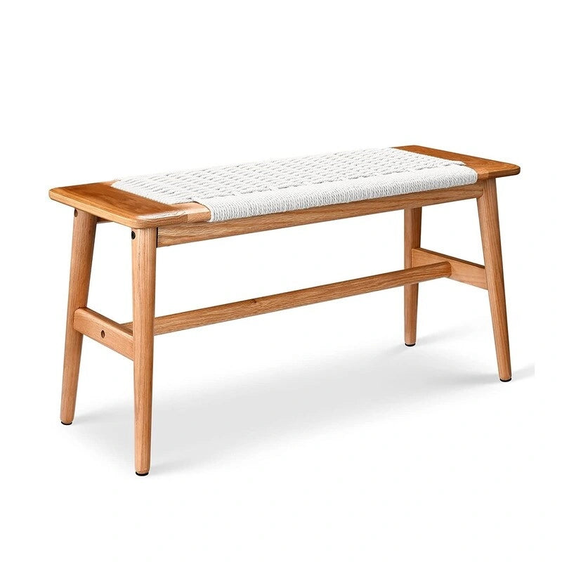 Panca in legno massello di rovere stile Boho Grondin per interni, con seduta in corda intrecciata e giunto a tenone e mortasa, per ingresso, camera da letto, sala da pranzo