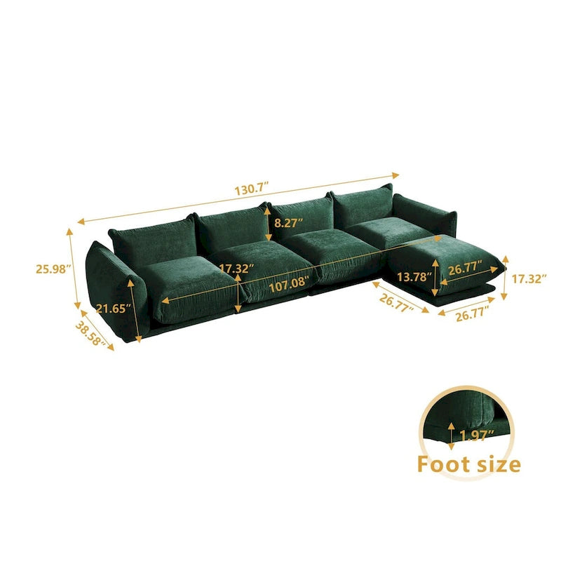 130.7 L-shape Chenille Modular Sofa Modern Sectional Semi-firm Sofa Couch with Ottoman