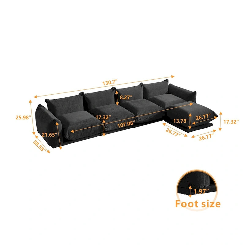 130.7 L-shape Chenille Modular Sofa Modern Sectional Semi-firm Sofa Couch with Ottoman
