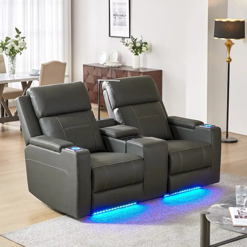 Victoria 71.26 Wide Genuine Leather Home Theater Seating with Ambient Lighting and Storage by HULALA HOME