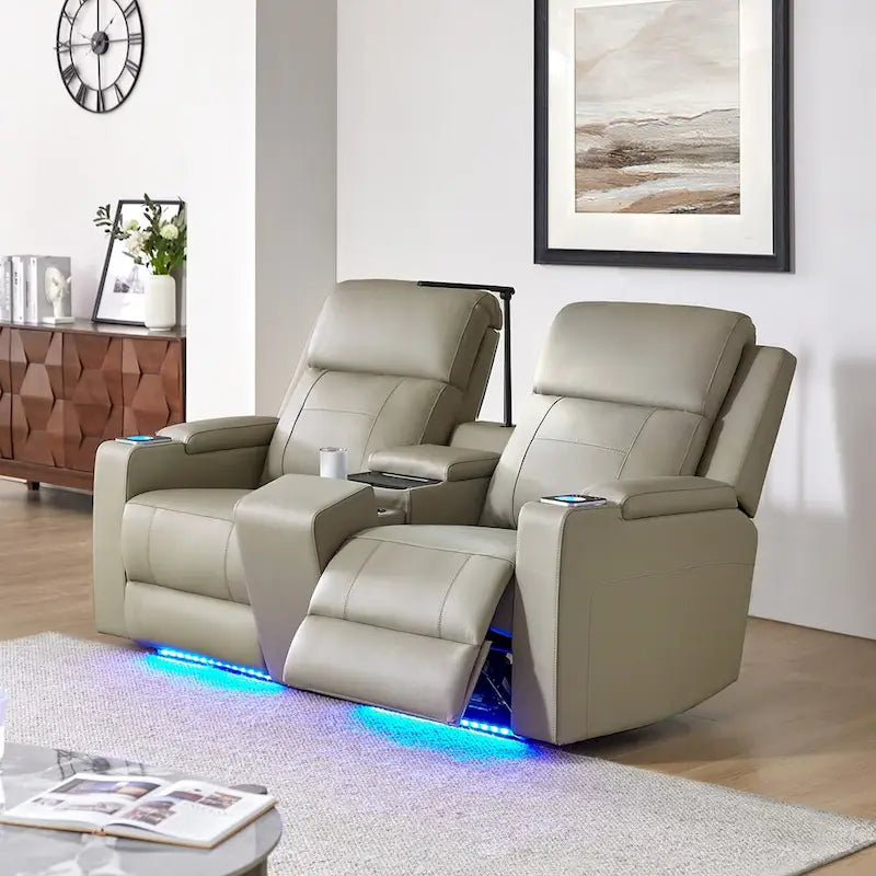 Victoria 71.26 Wide Genuine Leather Home Theater Seating with Ambient Lighting and Storage by HULALA HOME