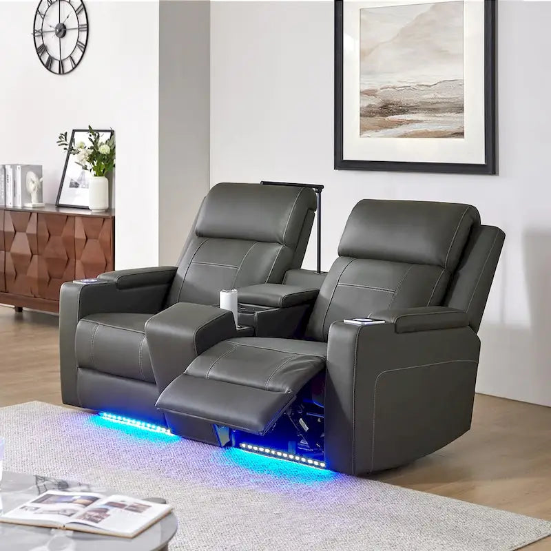 Victoria 71.26 Wide Genuine Leather Home Theater Seating with Ambient Lighting and Storage by HULALA HOME