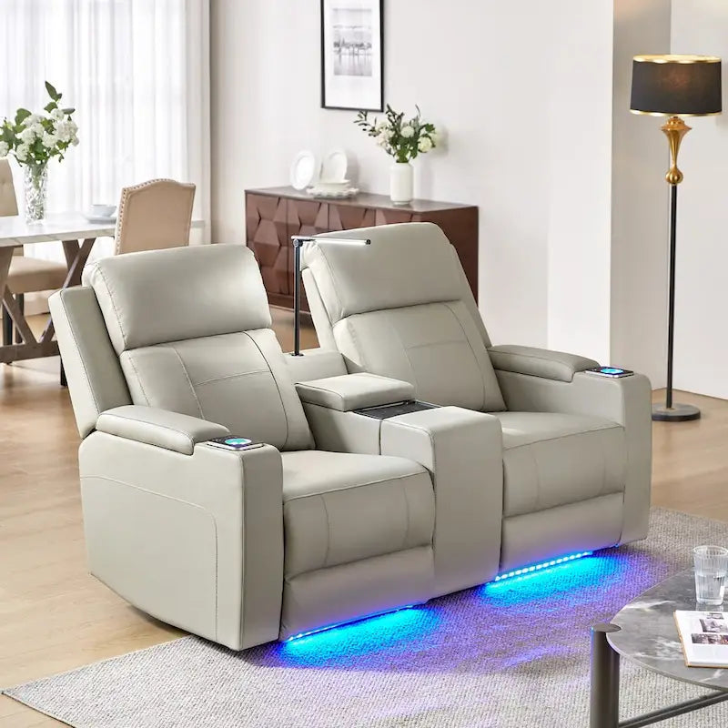Victoria 71.26 Wide Genuine Leather Home Theater Seating with Ambient Lighting and Storage by HULALA HOME
