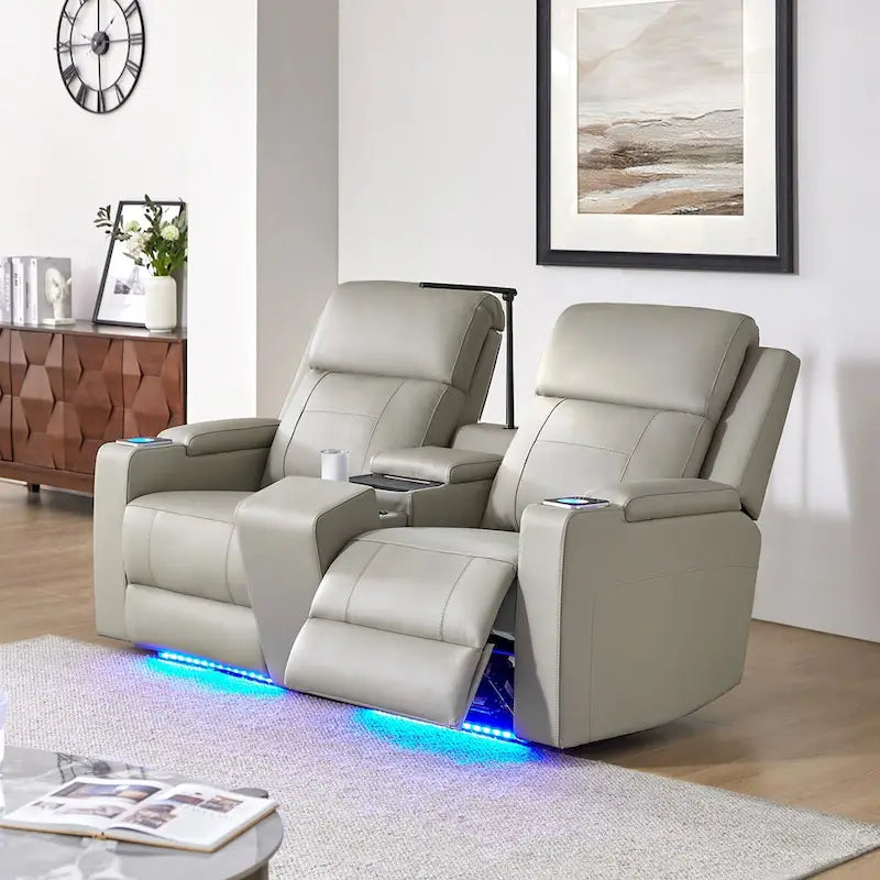 Victoria 71.26 Wide Genuine Leather Home Theater Seating with Ambient Lighting and Storage by HULALA HOME