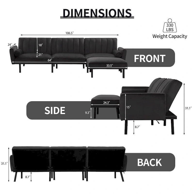 Divano Letto Convertibile Futon con Chaise Ottomana per Ufficio, Divano Letto Futon in Velluto