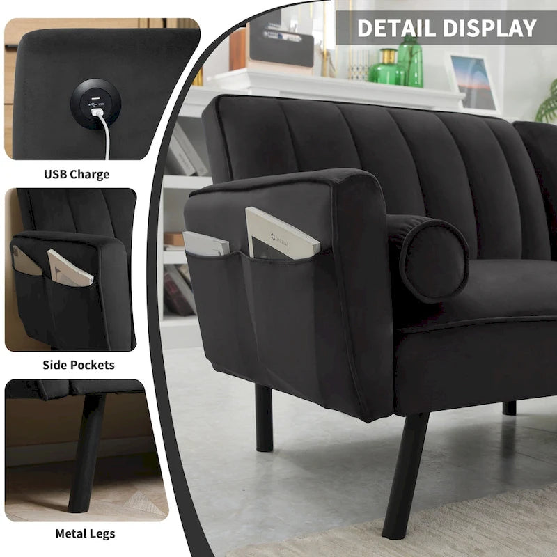 Divano Letto Convertibile Futon con Chaise Ottomana per Ufficio, Divano Letto Futon in Velluto
