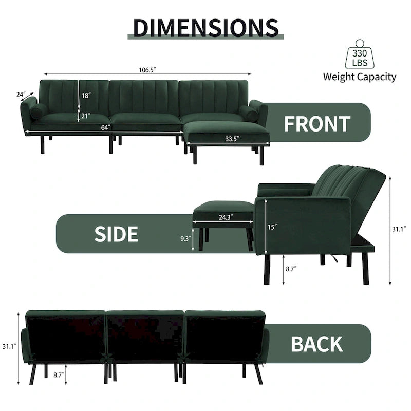 Divano Letto Convertibile Futon con Chaise Ottomana per Ufficio, Divano Letto Futon in Velluto