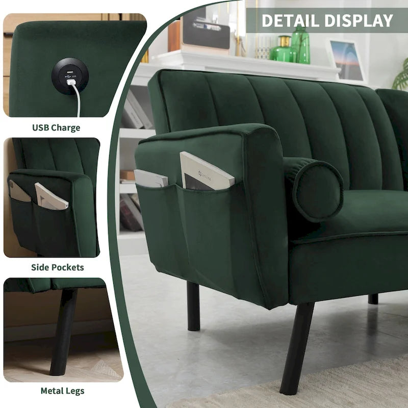 Divano Letto Convertibile Futon con Chaise Ottomana per Ufficio, Divano Letto Futon in Velluto