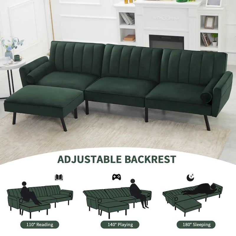 Divano Letto Convertibile Futon con Chaise Ottomana per Ufficio, Divano Letto Futon in Velluto