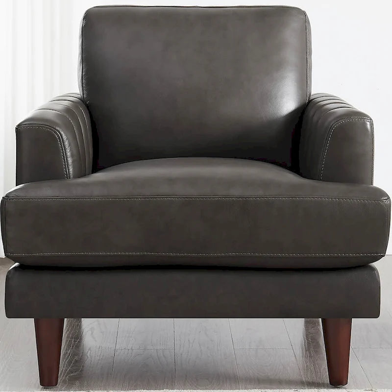 Poltrona in pelle pieno fiore Ivy Living Cassia con piume, memory foam e molle