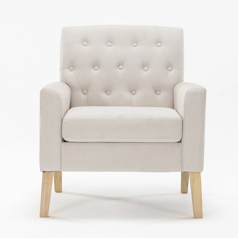 Poltrona LUE BONA Mid-Century moderna con bottoni, gambe in noce e lino - 29,53 A X 30 L X 33,07 P