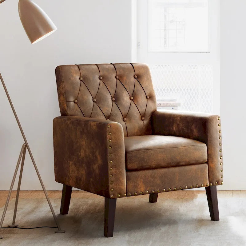 Poltrona LUE BONA Mid-Century moderna con bottoni, gambe in noce e lino - 29,53 A X 30 L X 33,07 P