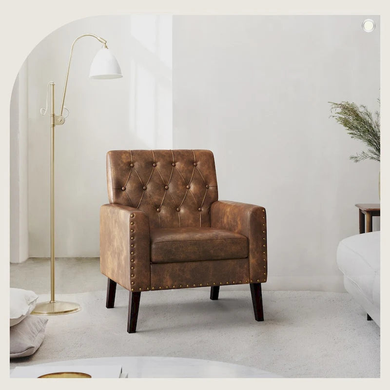 Poltrona LUE BONA Mid-Century moderna con bottoni, gambe in noce e lino - 29,53 A X 30 L X 33,07 P