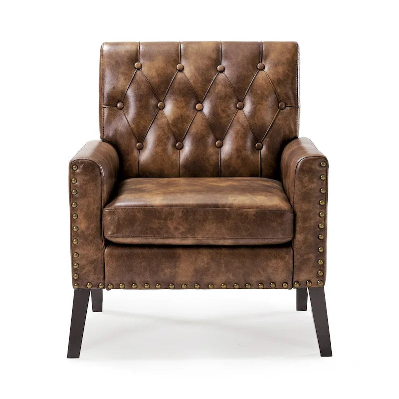 Poltrona LUE BONA Mid-Century moderna con bottoni, gambe in noce e lino - 29,53 A X 30 L X 33,07 P
