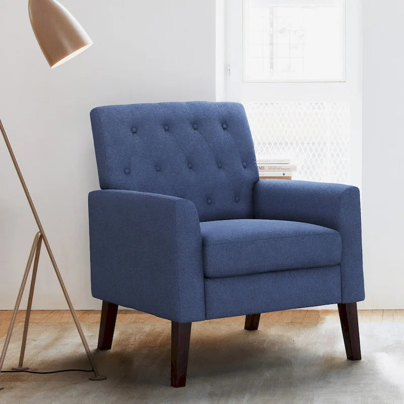 Poltrona LUE BONA Mid-Century moderna con bottoni, gambe in noce e lino - 29,53 A X 30 L X 33,07 P
