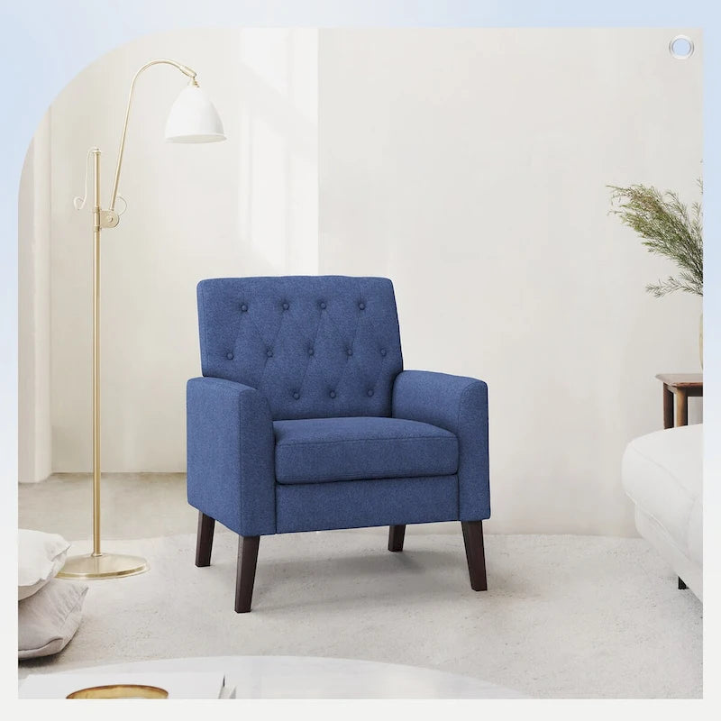 Poltrona LUE BONA Mid-Century moderna con bottoni, gambe in noce e lino - 29,53 A X 30 L X 33,07 P