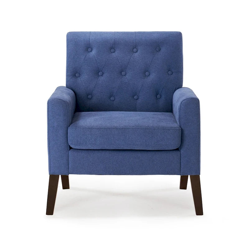Poltrona LUE BONA Mid-Century moderna con bottoni, gambe in noce e lino - 29,53 A X 30 L X 33,07 P