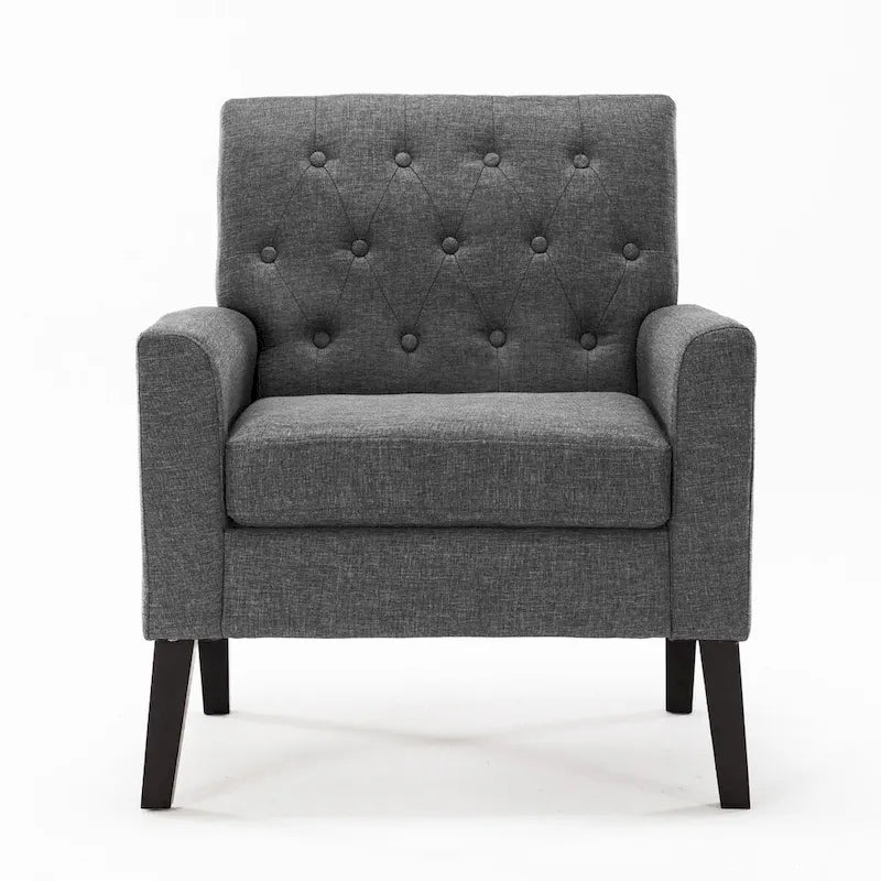 Poltrona LUE BONA Mid-Century moderna con bottoni, gambe in noce e lino - 29,53 A X 30 L X 33,07 P
