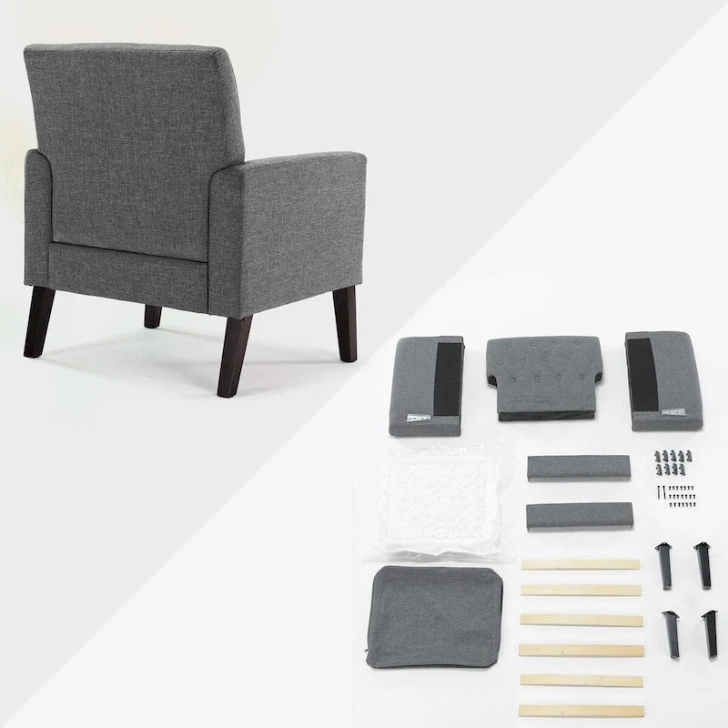 Poltrona LUE BONA Mid-Century moderna con bottoni, gambe in noce e lino - 29,53 A X 30 L X 33,07 P