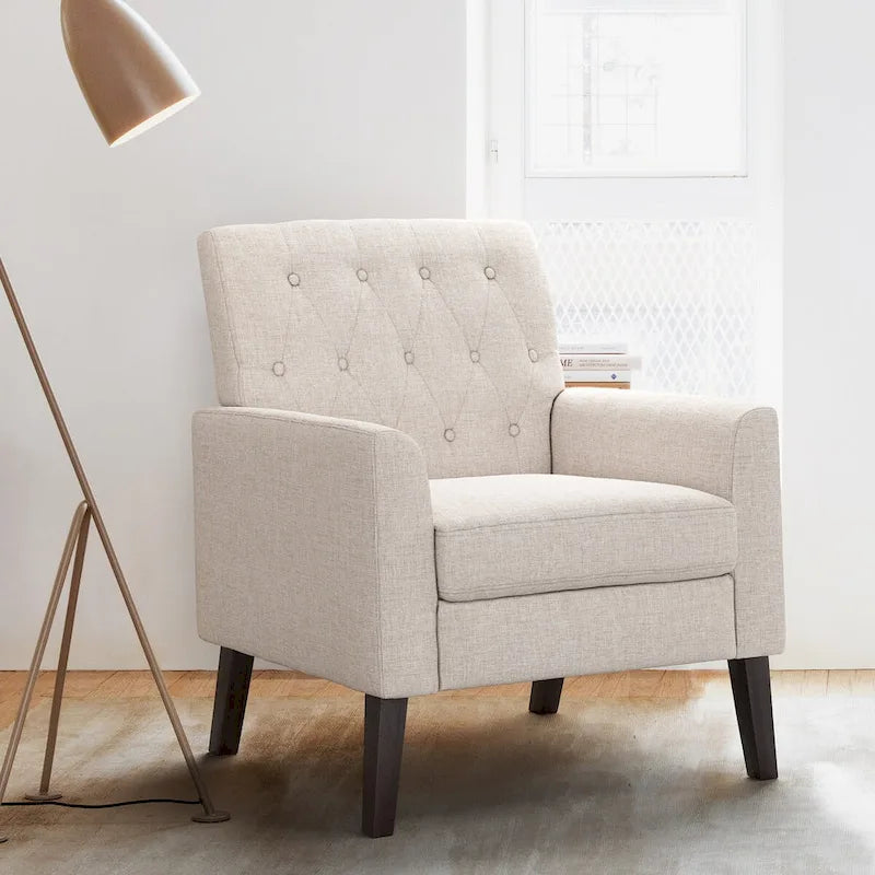 Poltrona LUE BONA Mid-Century moderna con bottoni, gambe in noce e lino - 29,53 A X 30 L X 33,07 P