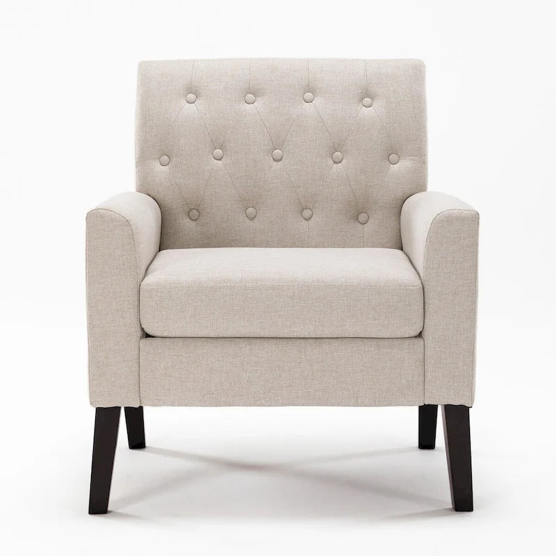 Poltrona LUE BONA Mid-Century moderna con bottoni, gambe in noce e lino - 29,53 A X 30 L X 33,07 P