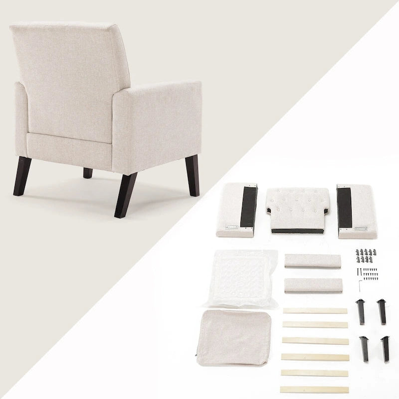 Poltrona LUE BONA Mid-Century moderna con bottoni, gambe in noce e lino - 29,53 A X 30 L X 33,07 P
