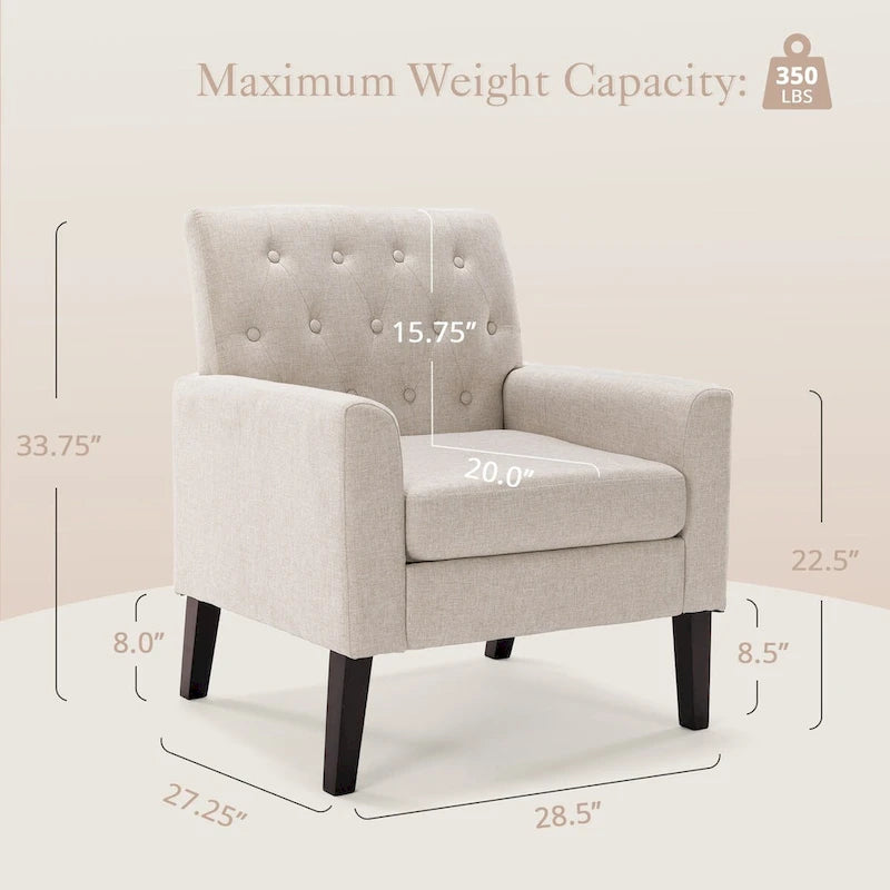 Poltrona LUE BONA Mid-Century moderna con bottoni, gambe in noce e lino - 29,53 A X 30 L X 33,07 P