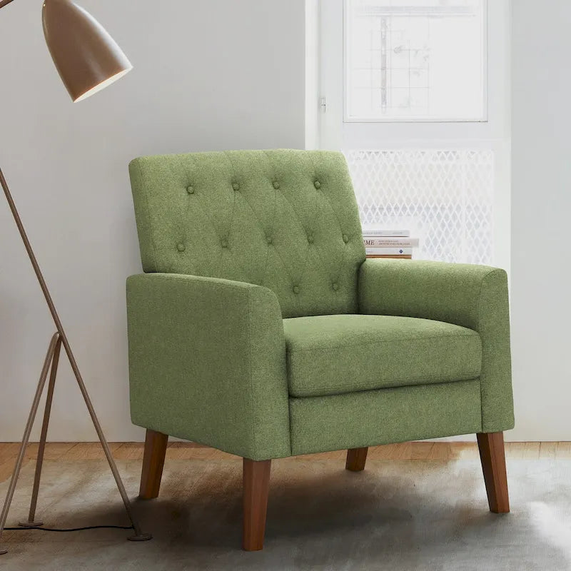 Poltrona LUE BONA Mid-Century moderna con bottoni, gambe in noce e lino - 29,53 A X 30 L X 33,07 P