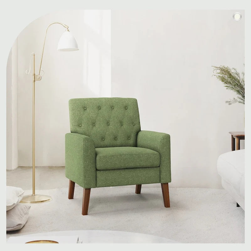 Poltrona LUE BONA Mid-Century moderna con bottoni, gambe in noce e lino - 29,53 A X 30 L X 33,07 P