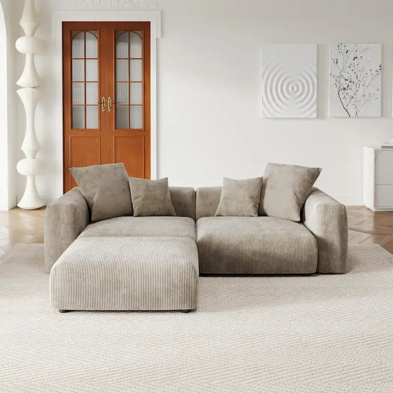 Comfy Corduroy Upholstered Deep Seat Sofa & Couch With Wood Legs and 4 Pillows