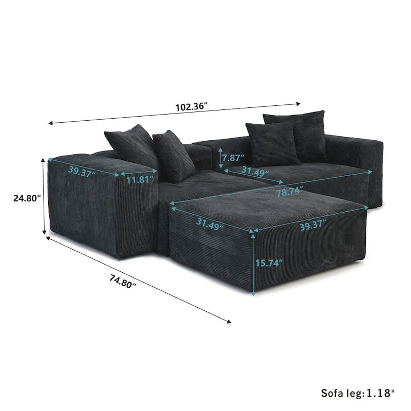 Comfy Corduroy Upholstered Deep Seat Sofa & Couch With Wood Legs and 4 Pillows