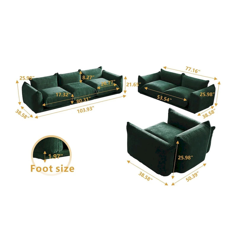 Modern Chenille Upholstery 3 Pieces Sofa Sets for Living Room Include Armchair, Loveseat and Three Seaters Couch