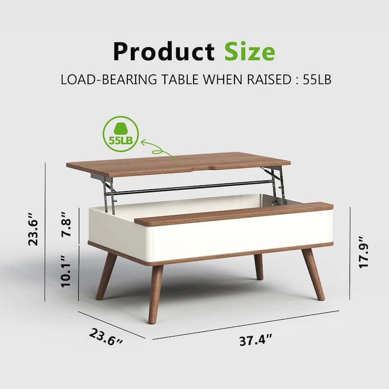 Tavolino da caffè quadrato Elevatelux con piano sollevabile e contenitore, 37 x 23.5