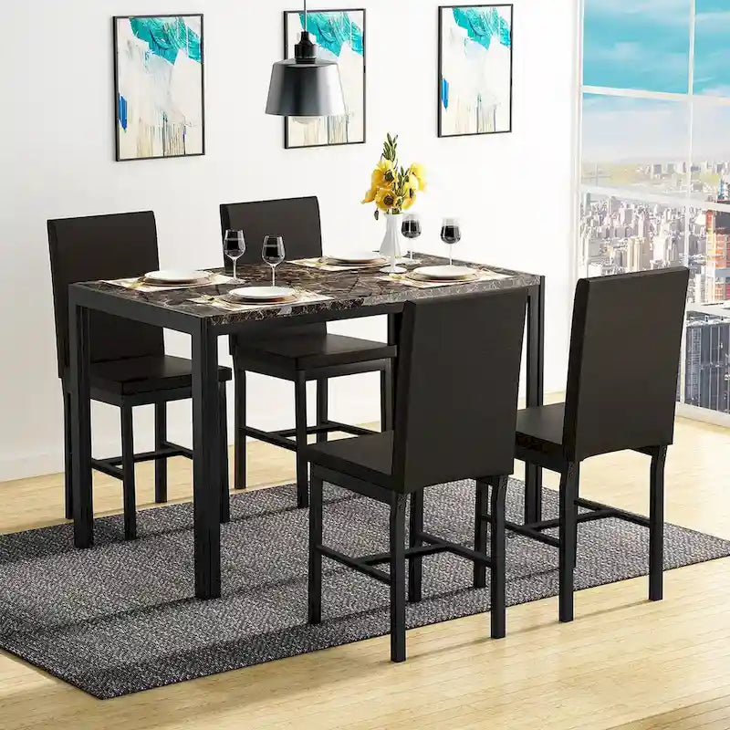 Mieres 5-Piece Dining Table Set with Faux Marble Top and 4 PU Leather Upholstery Chairs for Kitchen Dining Room